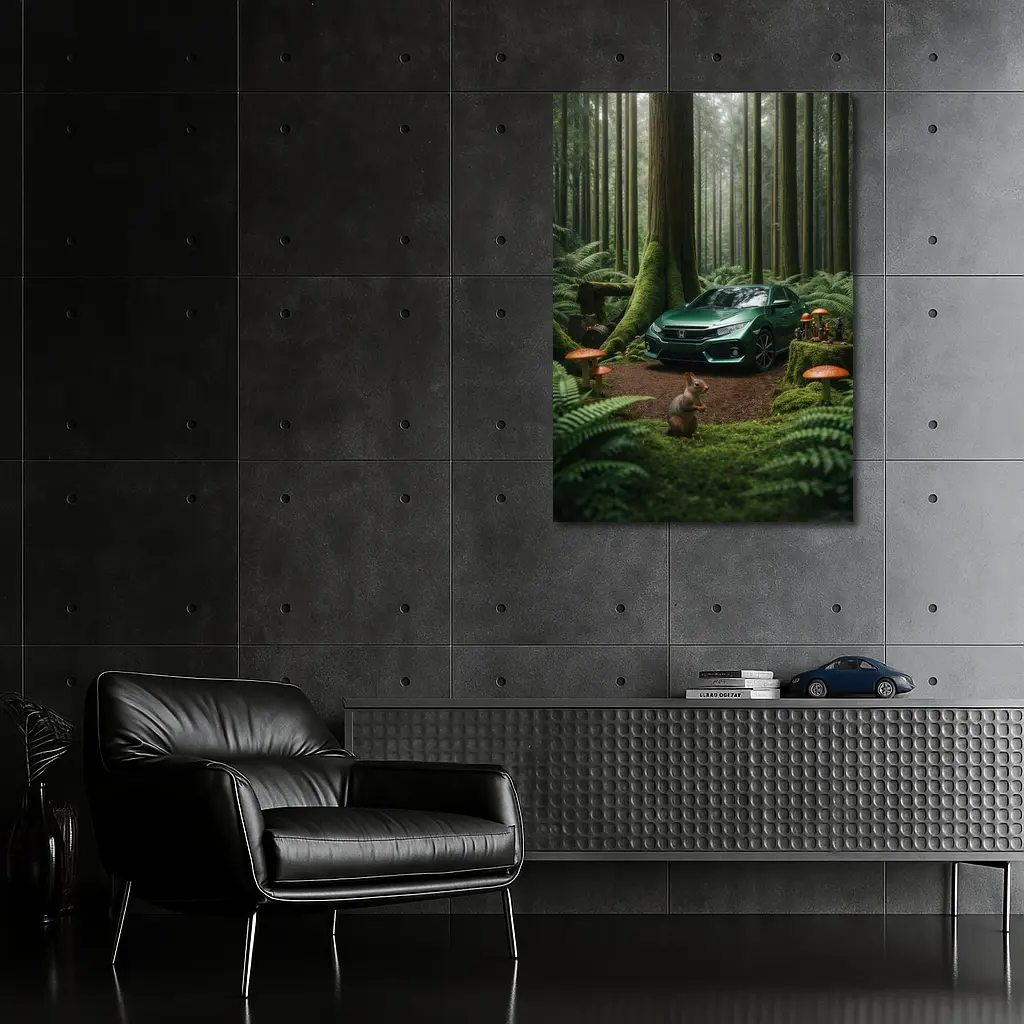 Honda Civic Green Forest Squirrel Scene – Wall Art