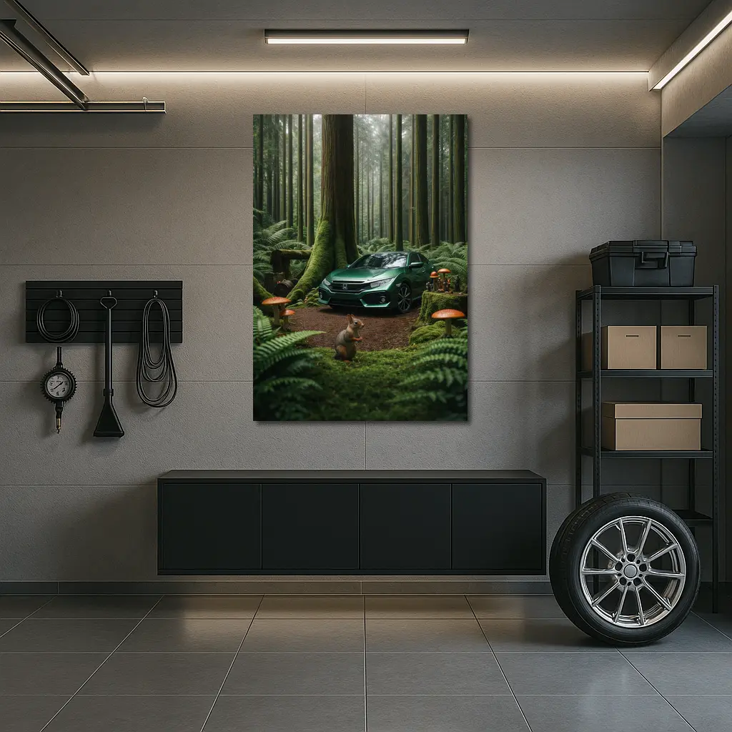Honda Civic Green Forest Squirrel Scene – Wall Art