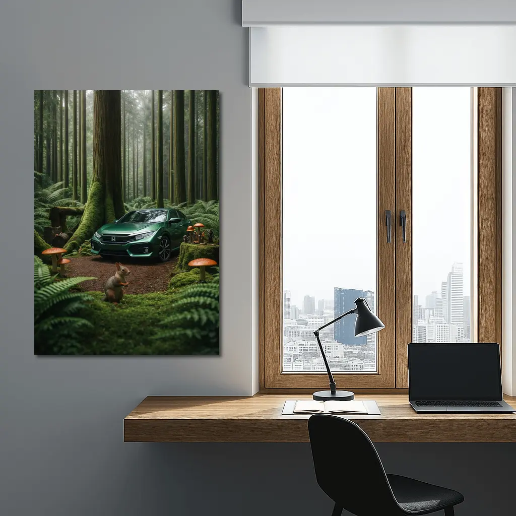 Honda Civic Green Forest Squirrel Scene – Wall Art
