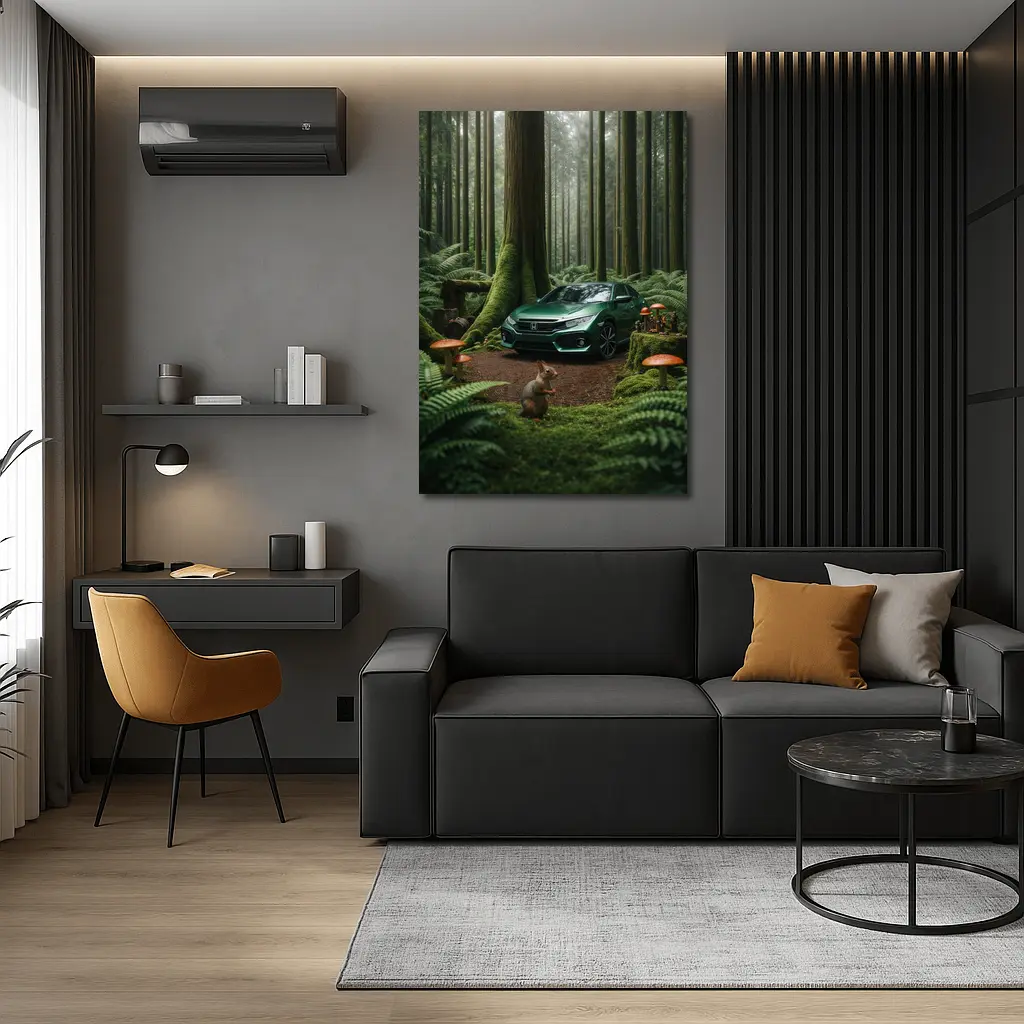 Honda Civic Green Forest Squirrel Scene – Wall Art