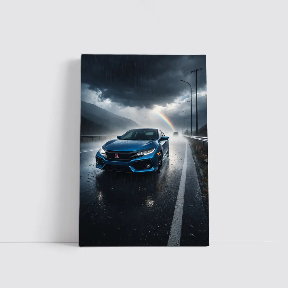 Honda Civic Blue Rain Stormy Road Drive – Wall Art