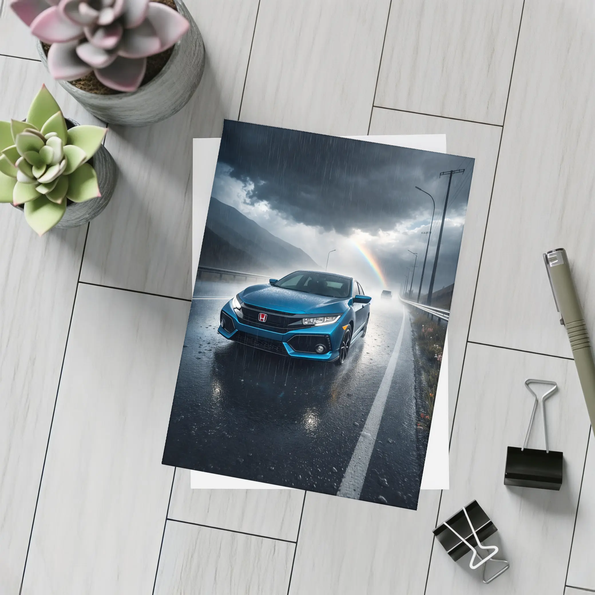 Honda Civic Blue Rain Stormy Road Drive – Postcards