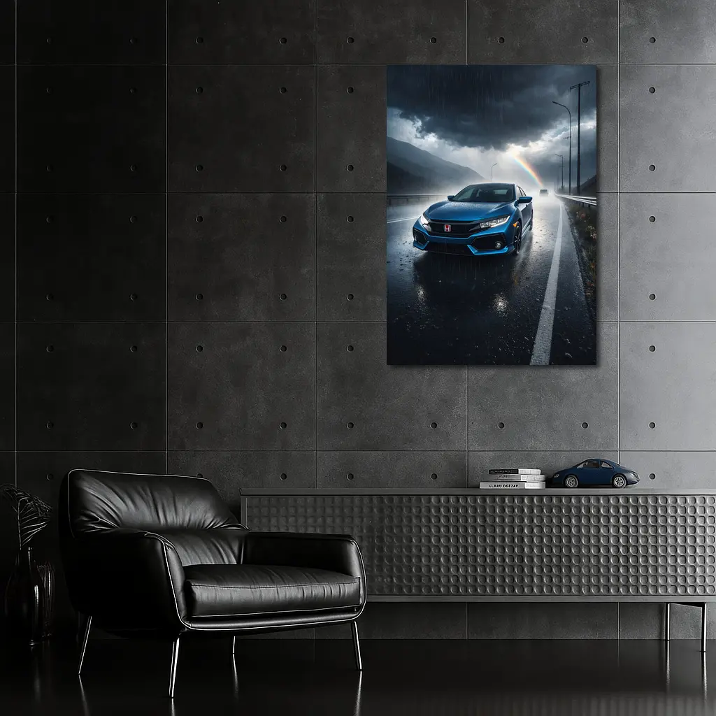 Honda Civic Blue Rain Stormy Road Drive – Wall Art
