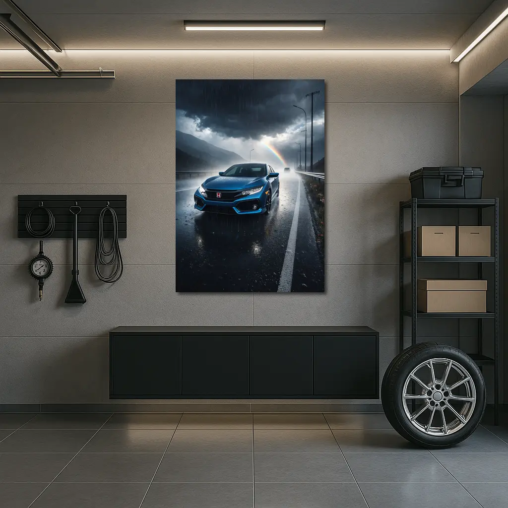 Honda Civic Blue Rain Stormy Road Drive – Wall Art