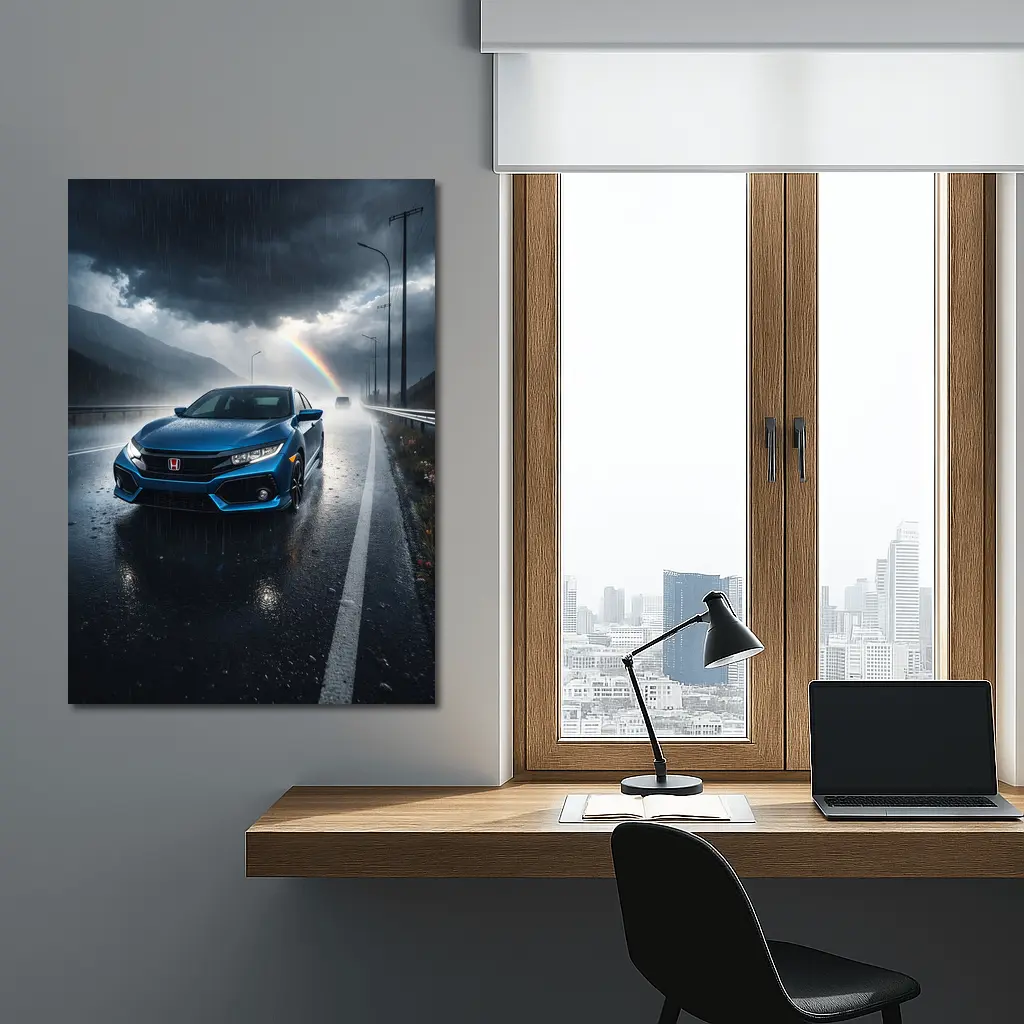 Honda Civic Blue Rain Stormy Road Drive – Wall Art
