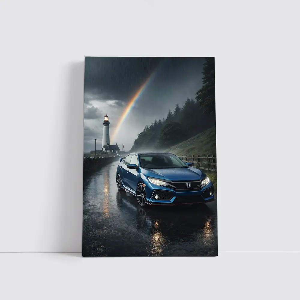 Honda Civic Blue Rainy Coastal Road Rainbow – Wall Art