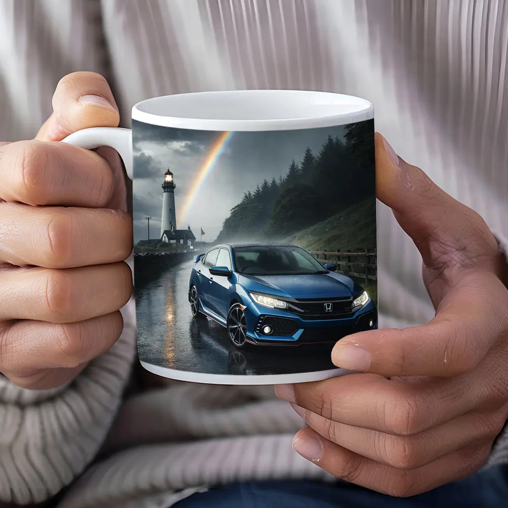 Honda Civic Blue Rainy Coastal Road Rainbow – Mugs