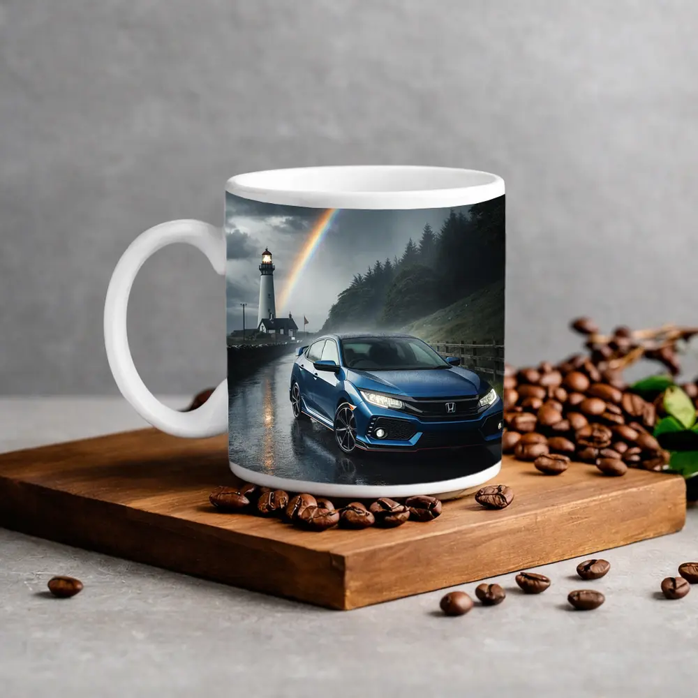 Honda Civic Blue Rainy Coastal Road Rainbow – Mugs