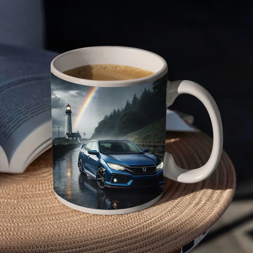 Honda Civic Blue Rainy Coastal Road Rainbow – Mugs