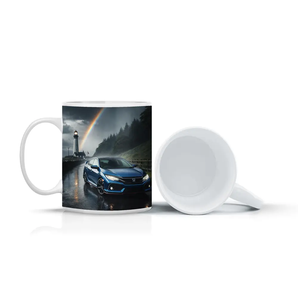 Honda Civic Blue Rainy Coastal Road Rainbow – Mugs