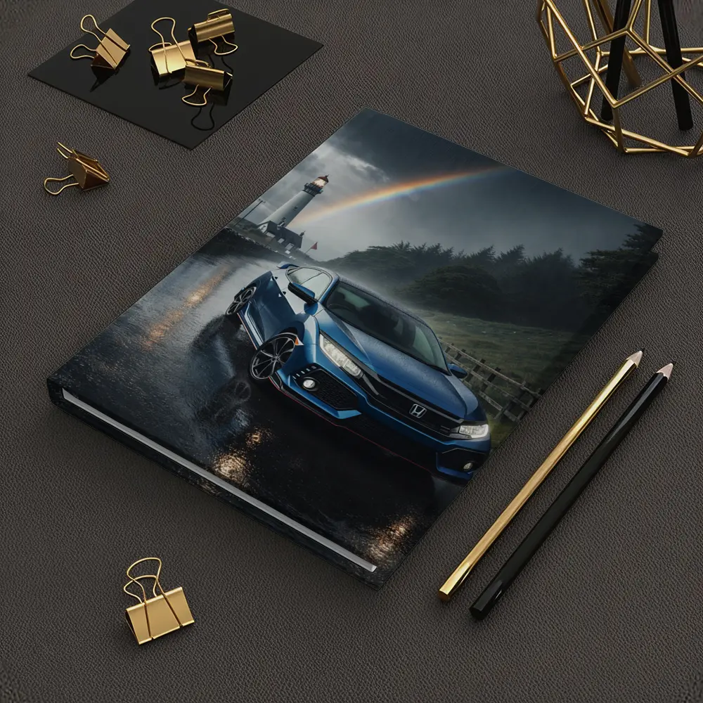 Honda Civic Blue Rainy Coastal Road Rainbow – Notebooks
