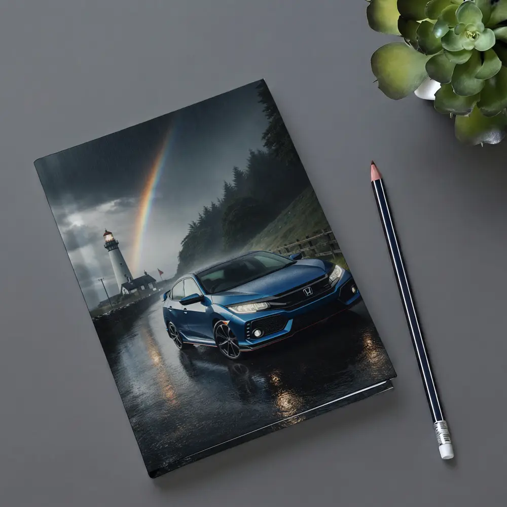 Honda Civic Blue Rainy Coastal Road Rainbow – Notebooks