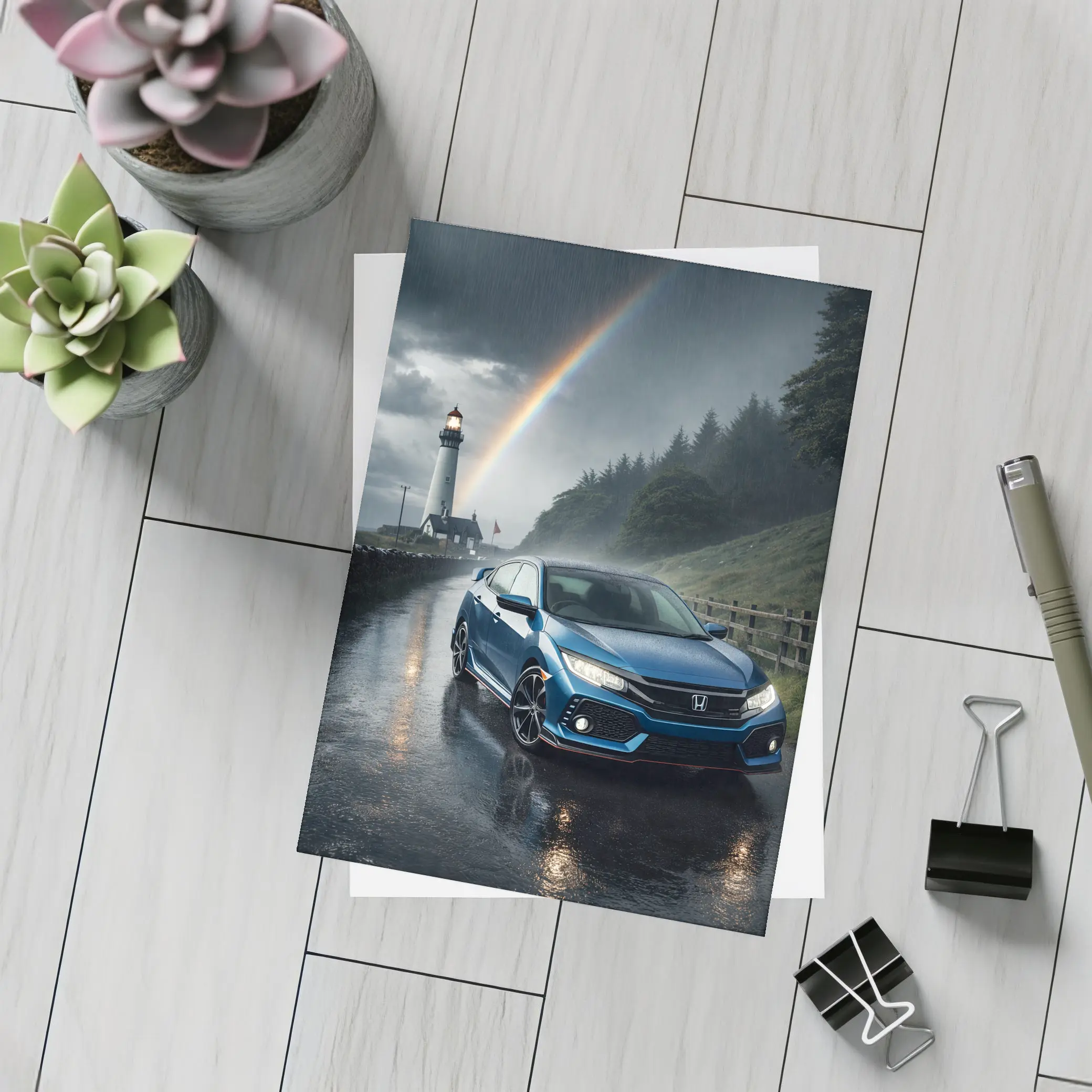 Honda Civic Blue Rainy Coastal Road Rainbow – Postcards