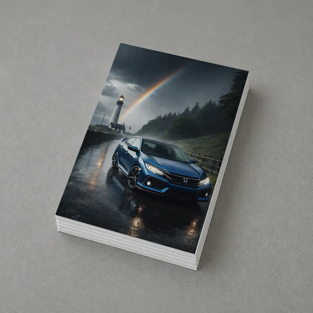 Honda Civic Blue Rainy Coastal Road Rainbow – Postcards