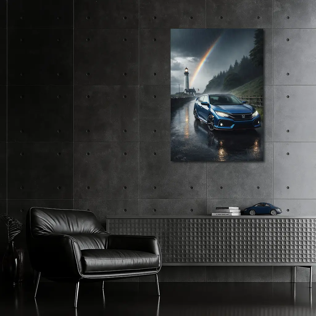 Honda Civic Blue Rainy Coastal Road Rainbow – Wall Art