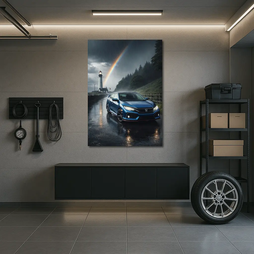Honda Civic Blue Rainy Coastal Road Rainbow – Wall Art