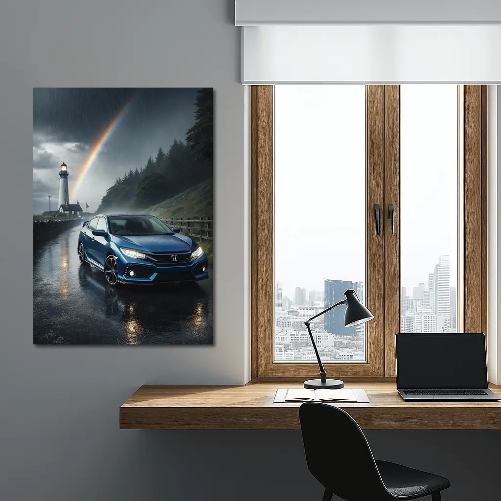 Honda Civic Blue Rainy Coastal Road Rainbow – Wall Art
