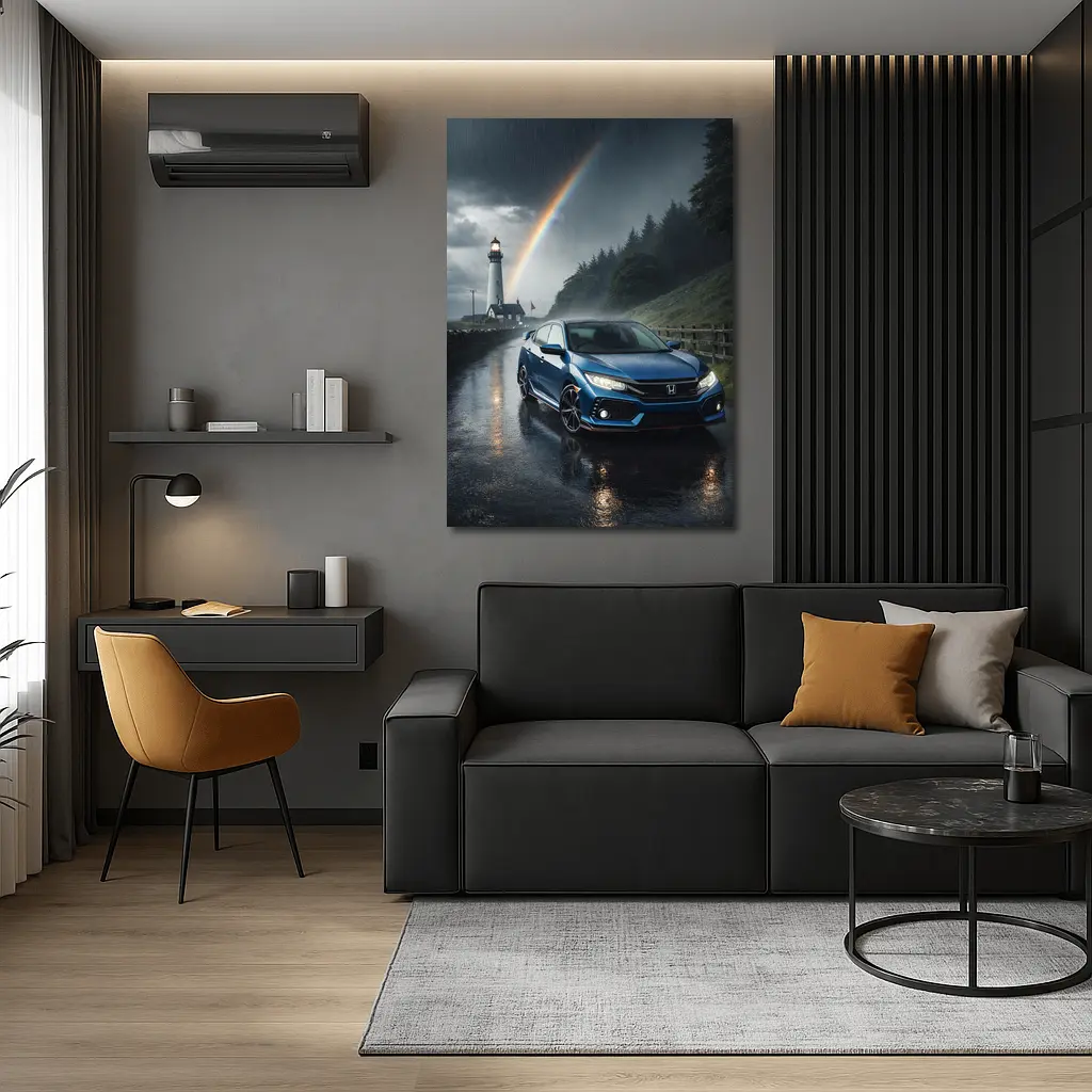 Honda Civic Blue Rainy Coastal Road Rainbow – Wall Art