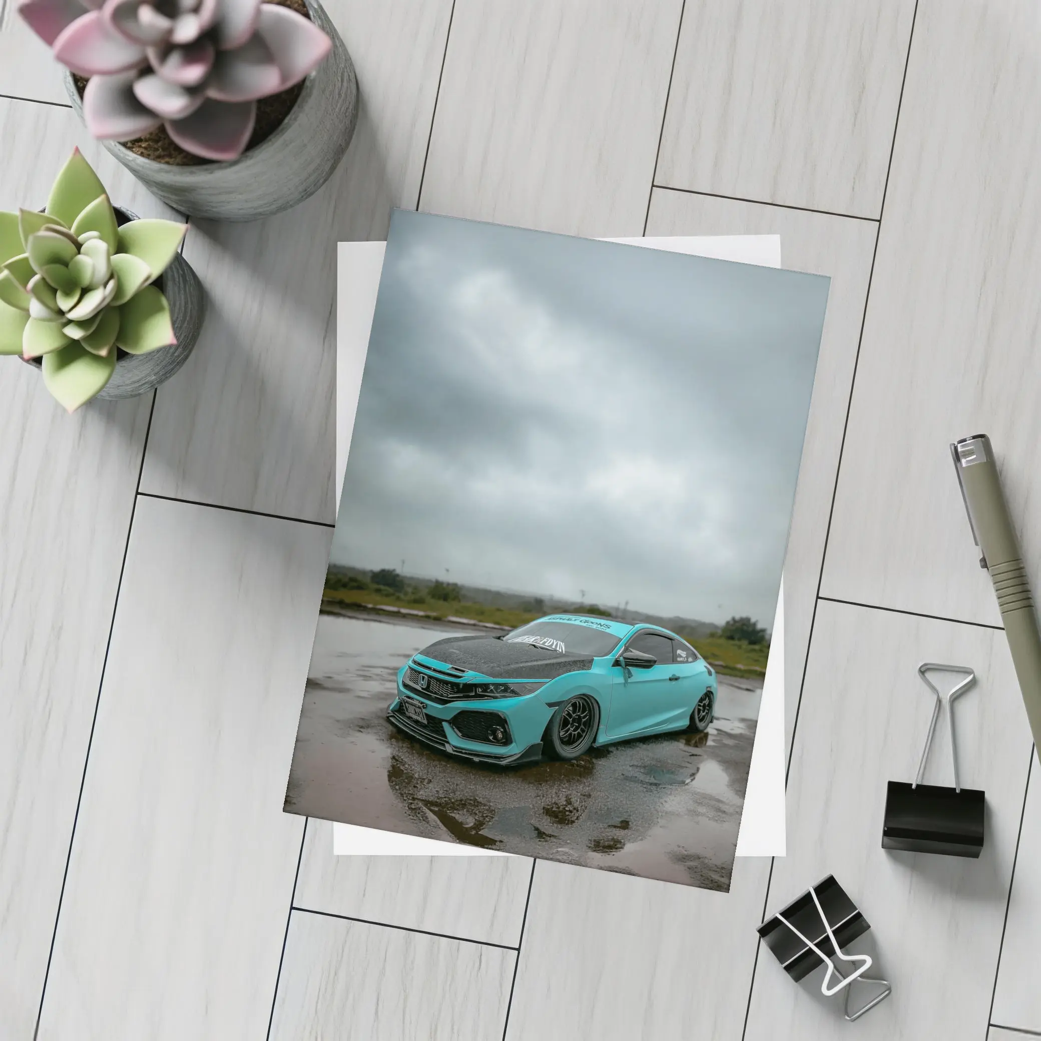 Honda Civic Slammed Teal Wet Pavement Clouds – Postcards