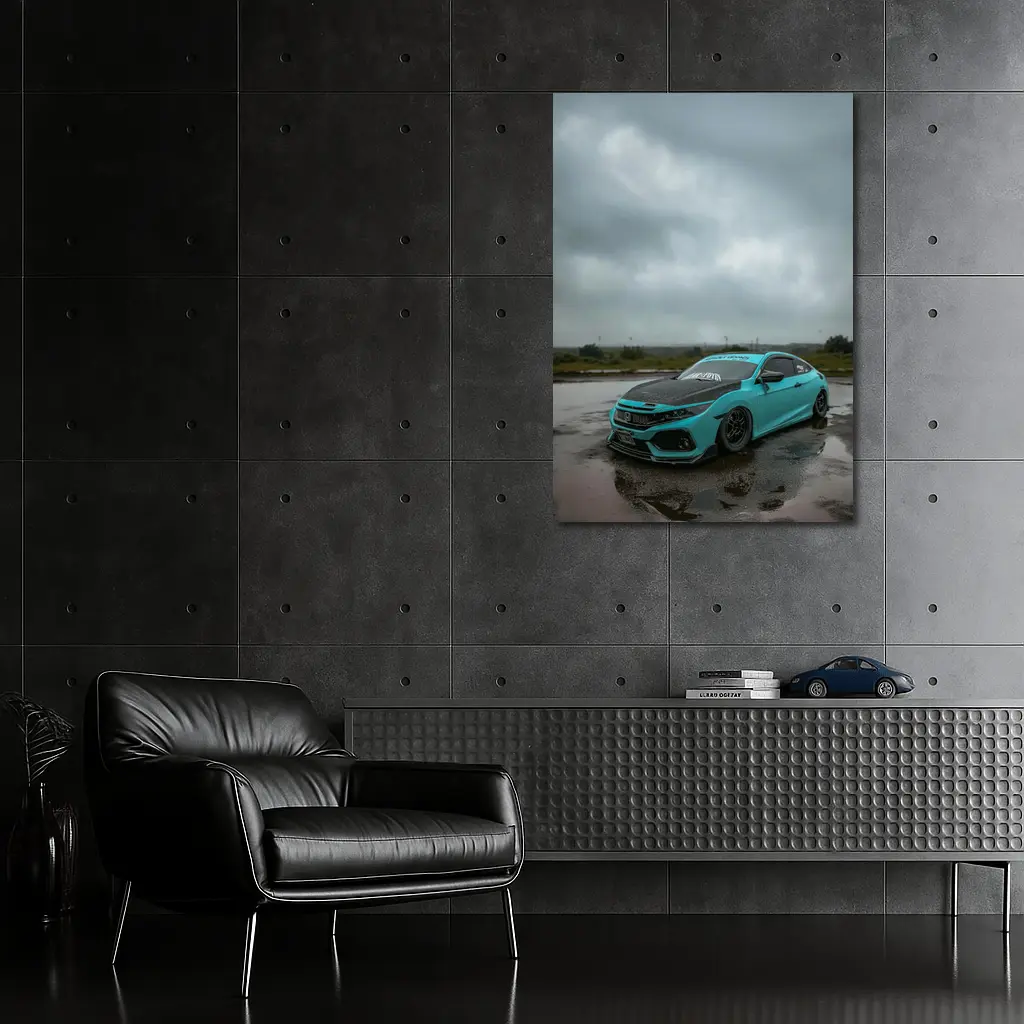 Honda Civic Slammed Teal Wet Pavement Clouds – Wall Art