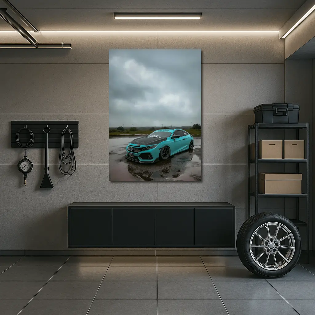 Honda Civic Slammed Teal Wet Pavement Clouds – Wall Art