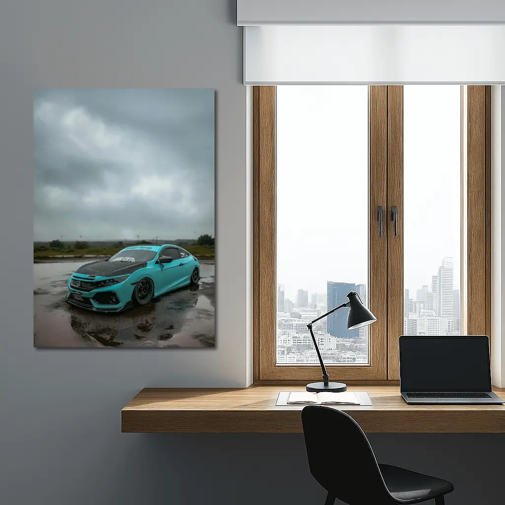 Honda Civic Slammed Teal Wet Pavement Clouds – Wall Art
