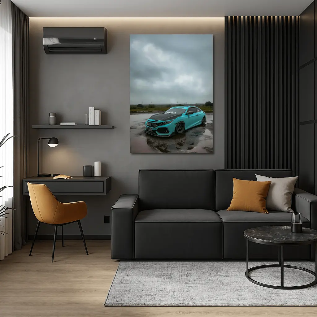 Honda Civic Slammed Teal Wet Pavement Clouds – Wall Art