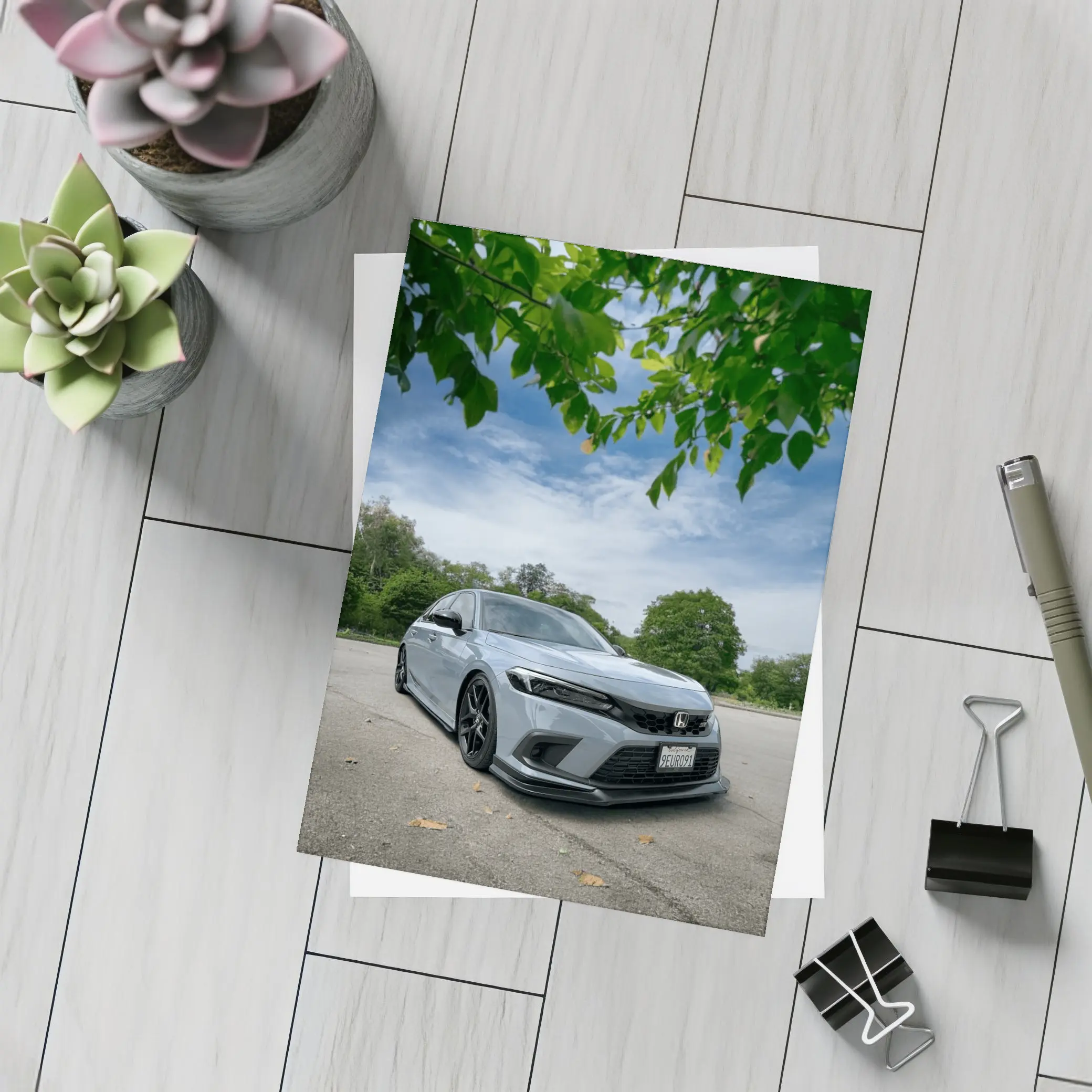 Honda Civic Hatchback Parked Under Green Trees – Postcards