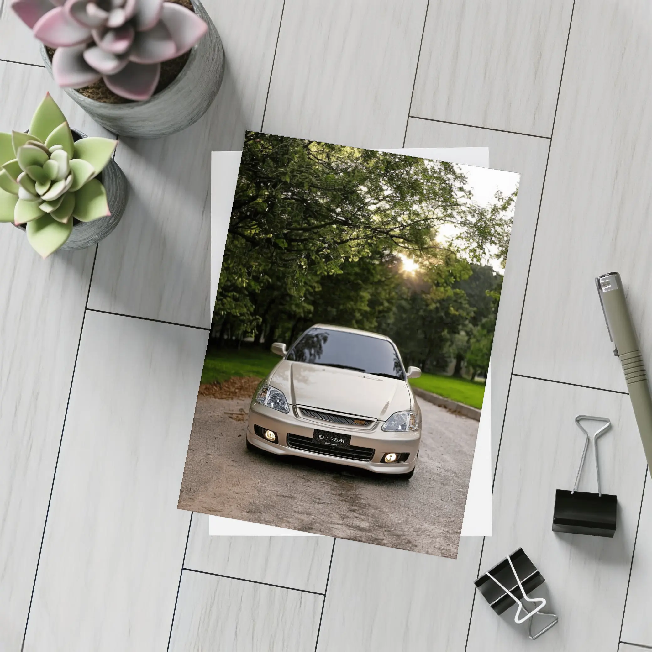 Honda Civic Parked Under Green Trees – Postcards
