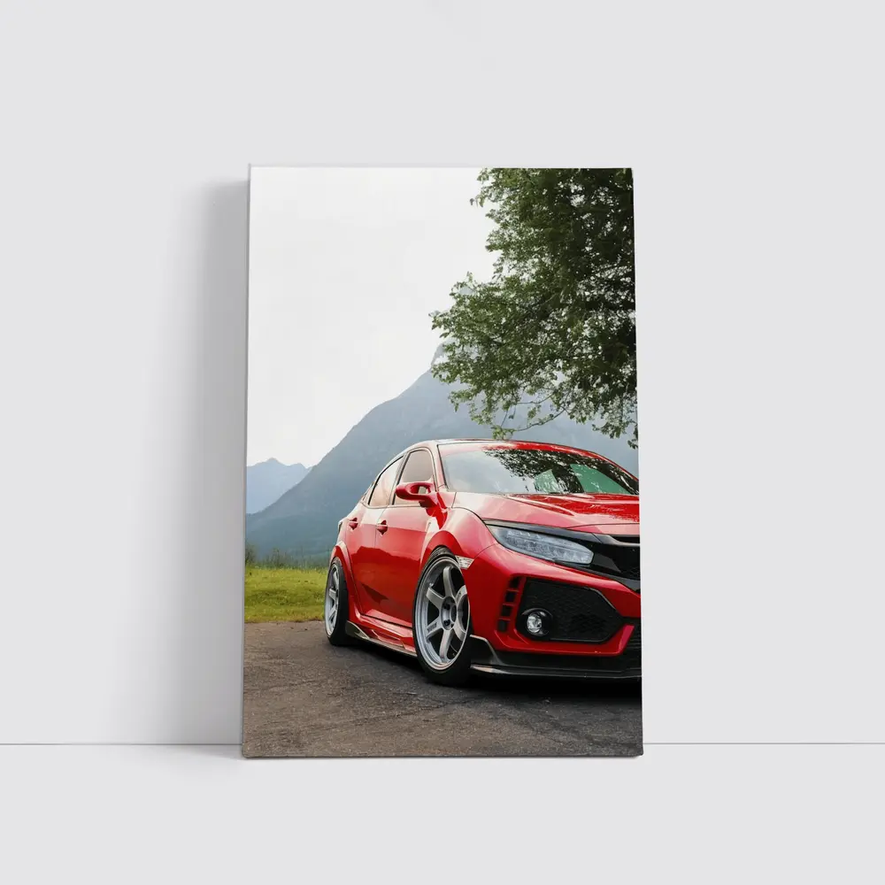 Red Honda Civic Stance Mountains Green Trees – Wall Art