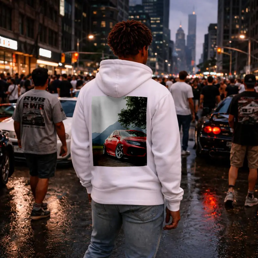 Red Honda Civic Stance Mountains Green Trees – Hoodies