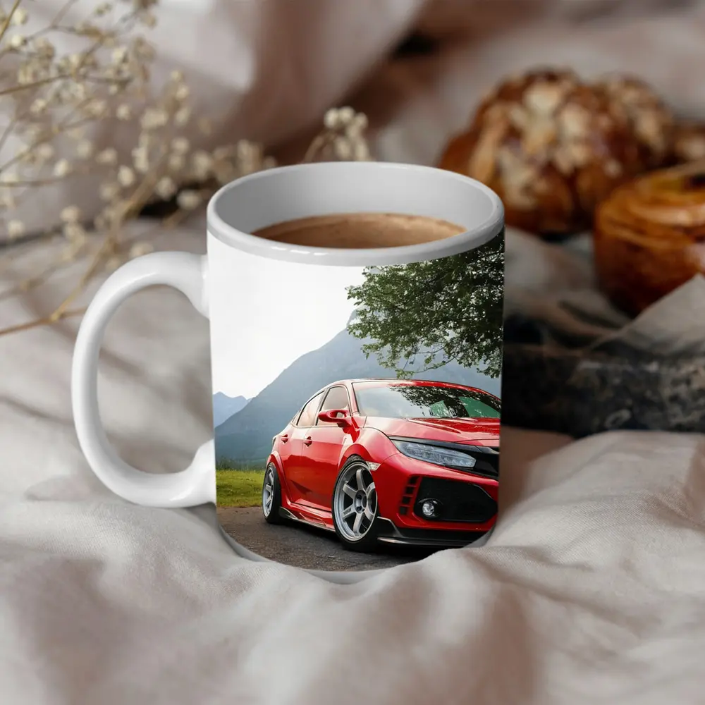 Red Honda Civic Stance Mountains Green Trees – Mugs