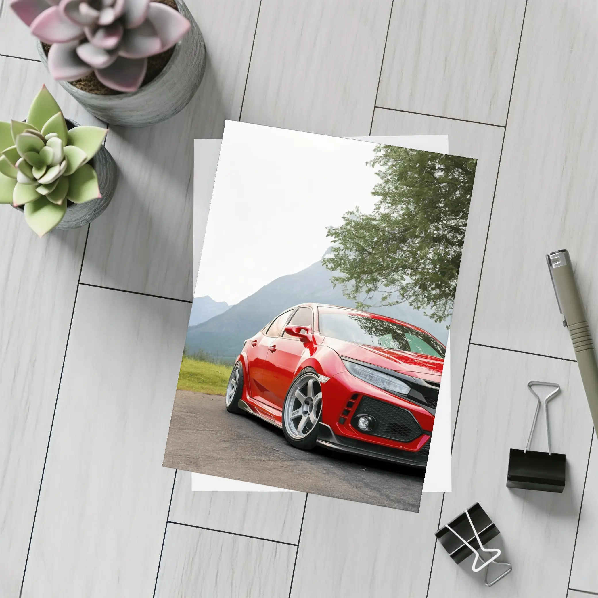 Red Honda Civic Stance Mountains Green Trees – Postcards