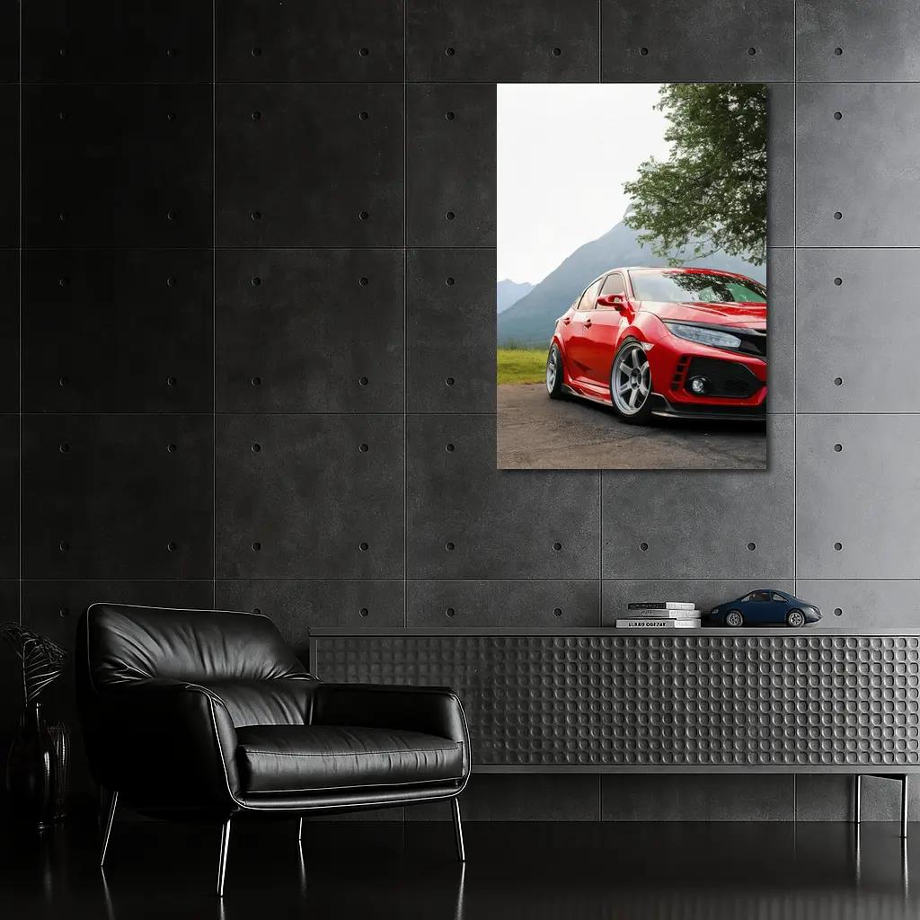 Red Honda Civic Stance Mountains Green Trees – Wall Art