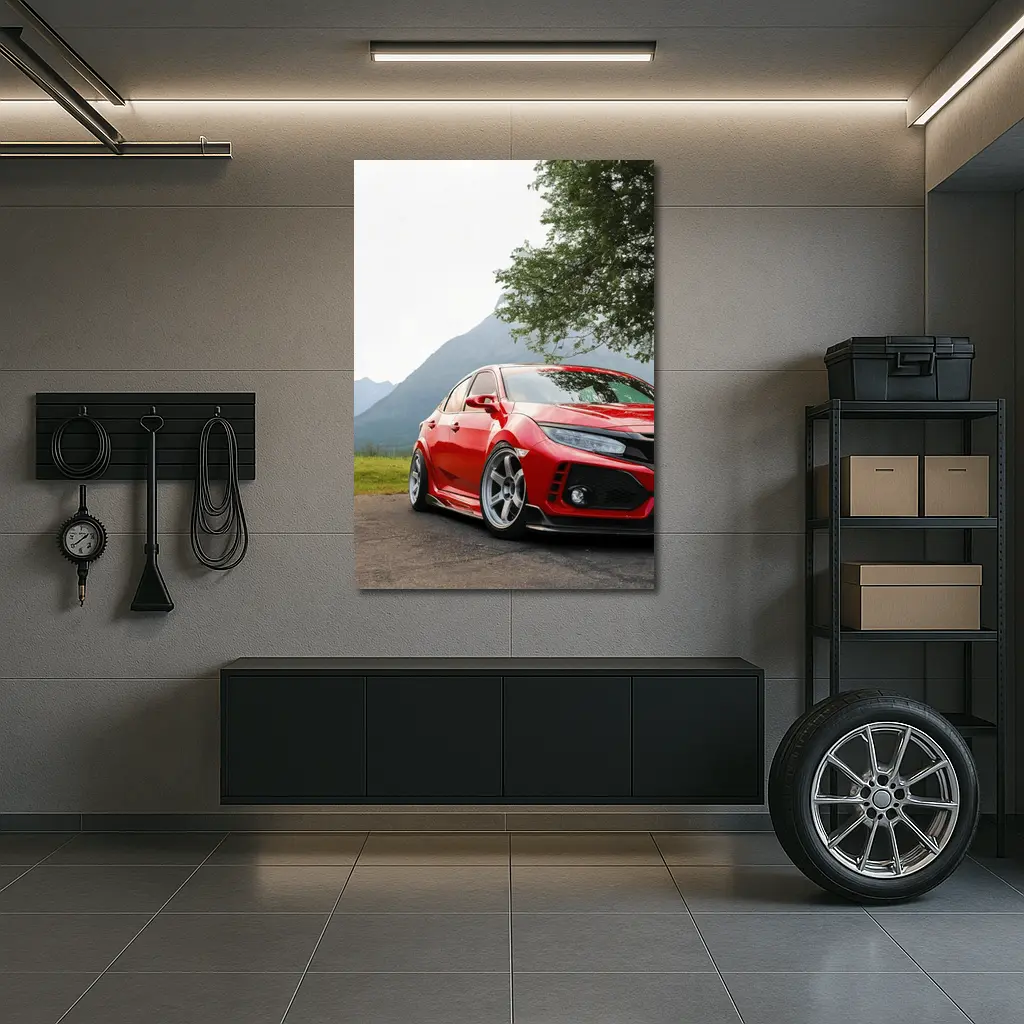 Red Honda Civic Stance Mountains Green Trees – Wall Art