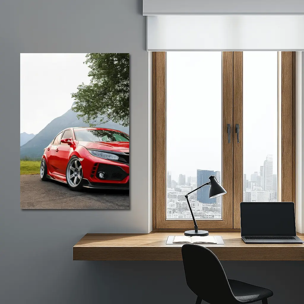 Red Honda Civic Stance Mountains Green Trees – Wall Art