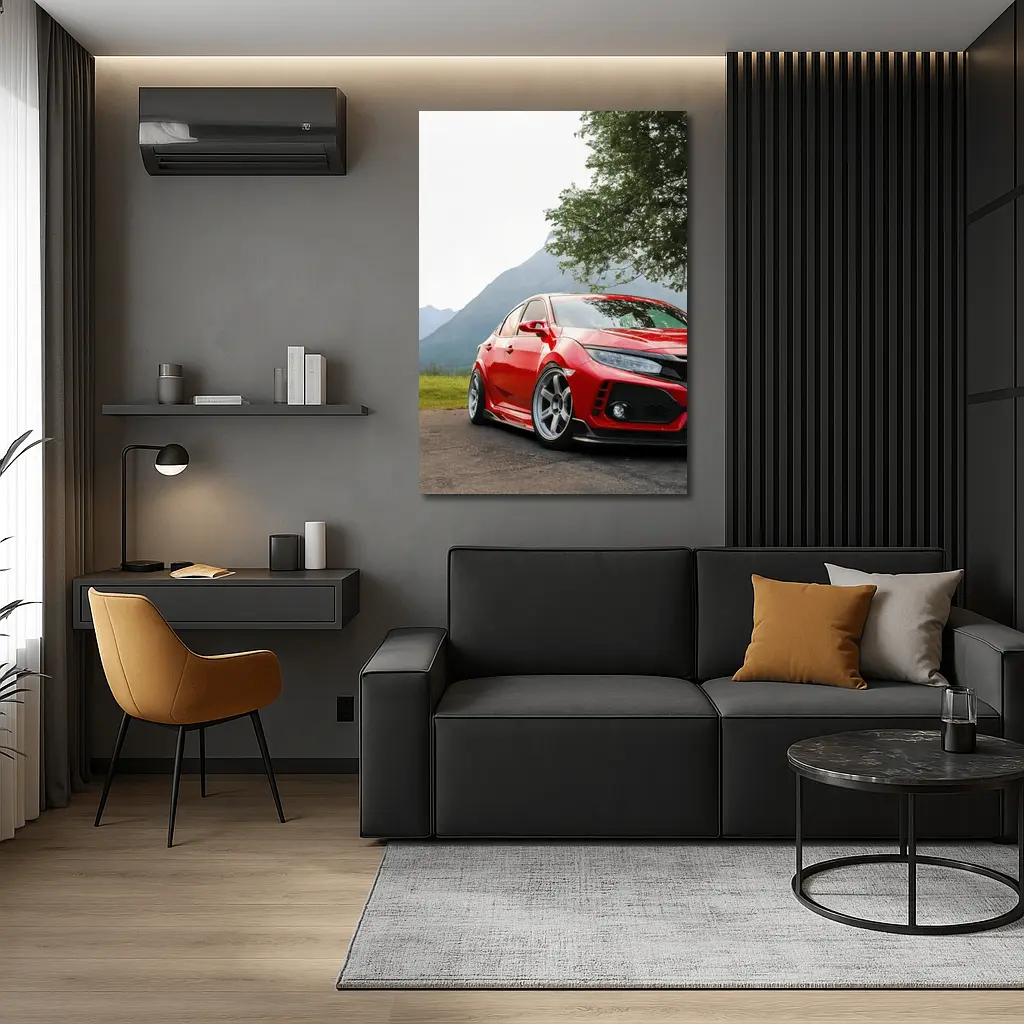 Red Honda Civic Stance Mountains Green Trees – Wall Art
