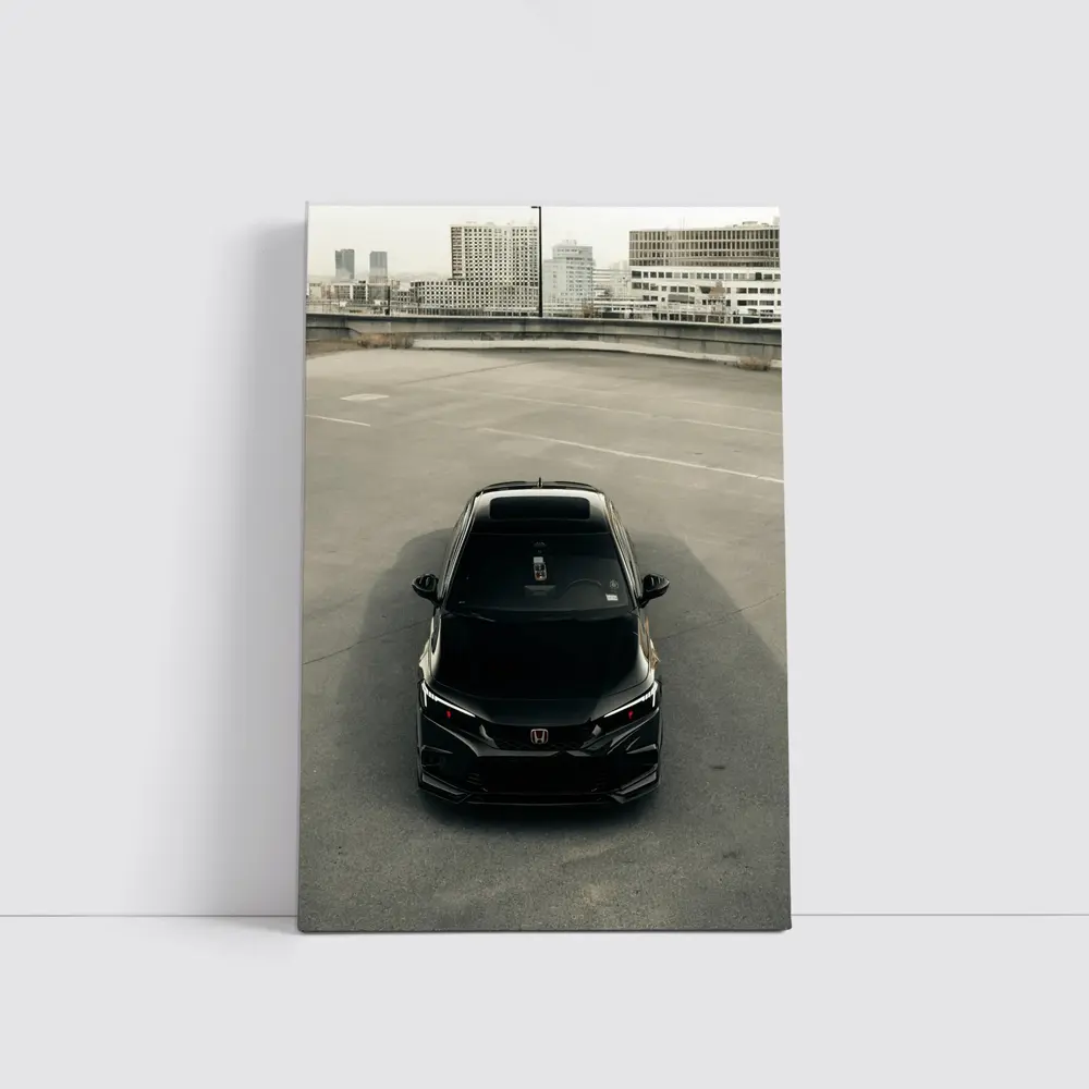 Black Honda Civic Rooftop Parking Urban Setting – Wall Art