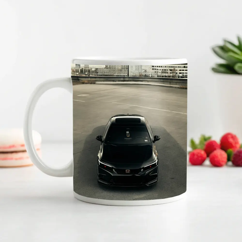 Black Honda Civic Rooftop Parking Urban Setting – Mugs