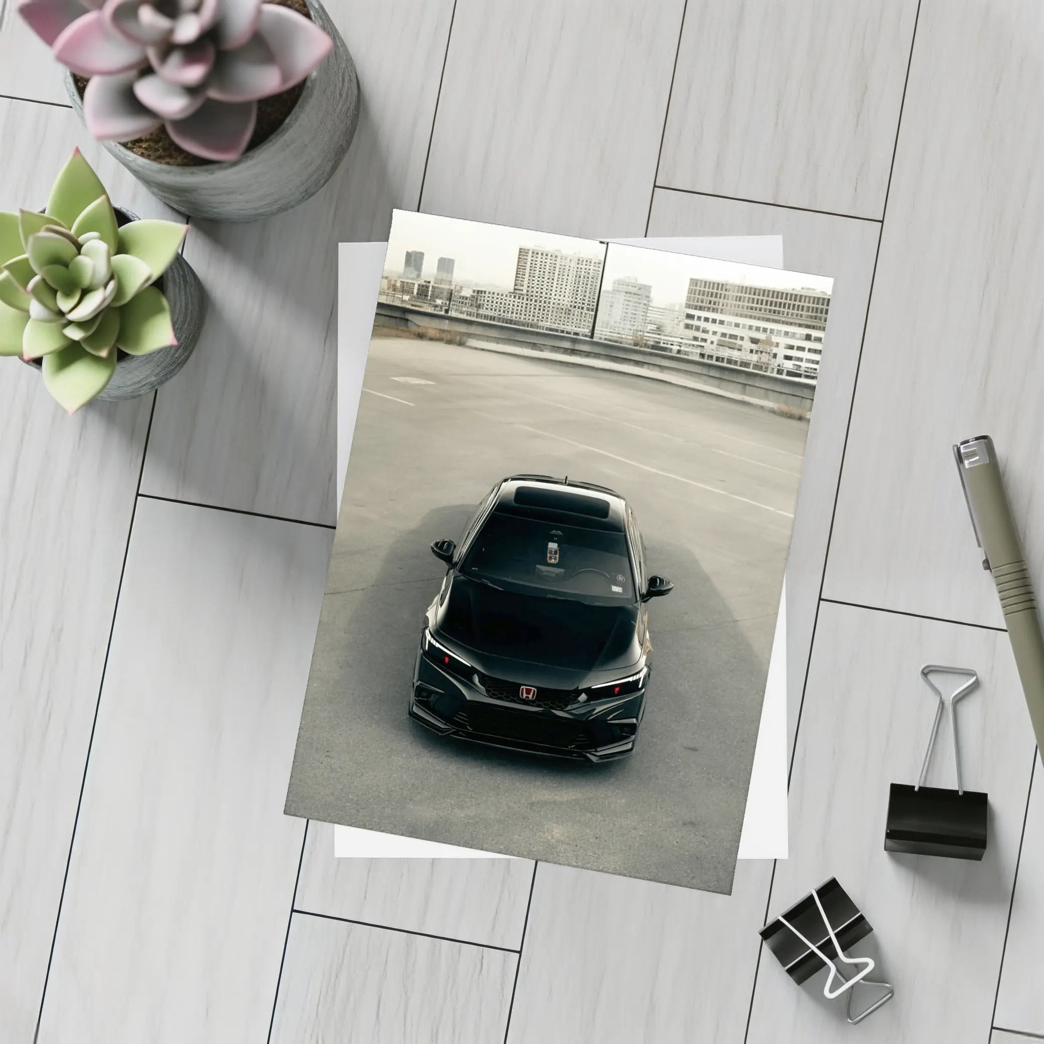 Black Honda Civic Rooftop Parking Urban Setting – Postcards