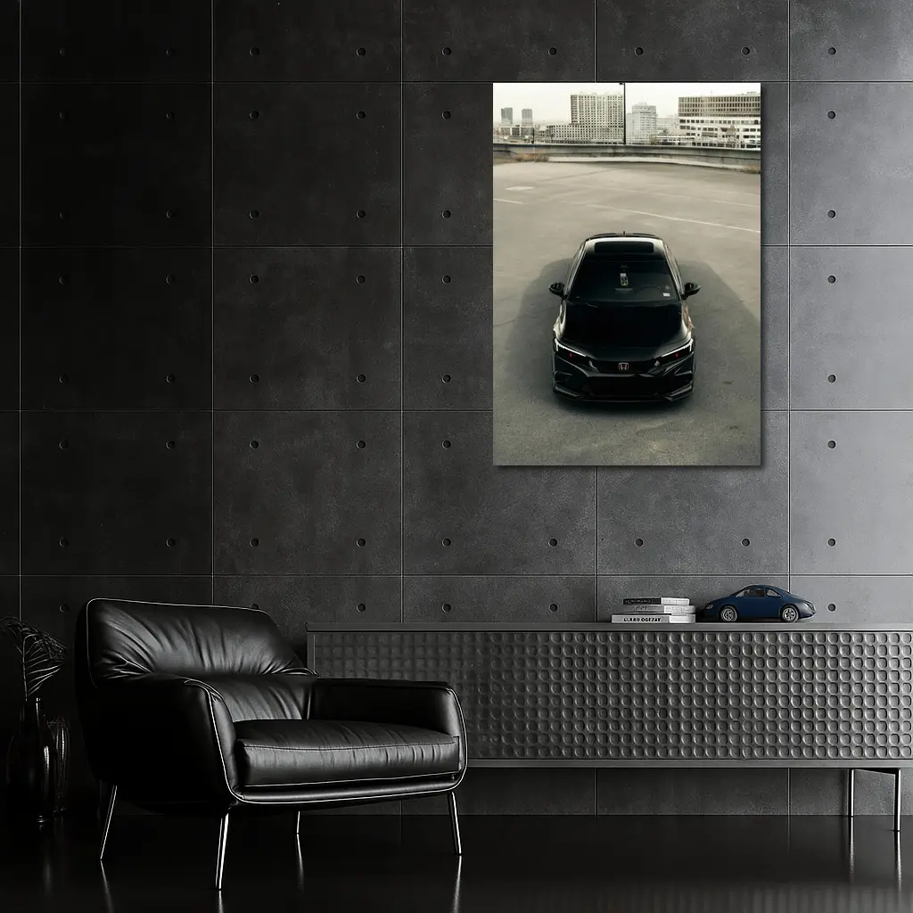 Black Honda Civic Rooftop Parking Urban Setting – Wall Art