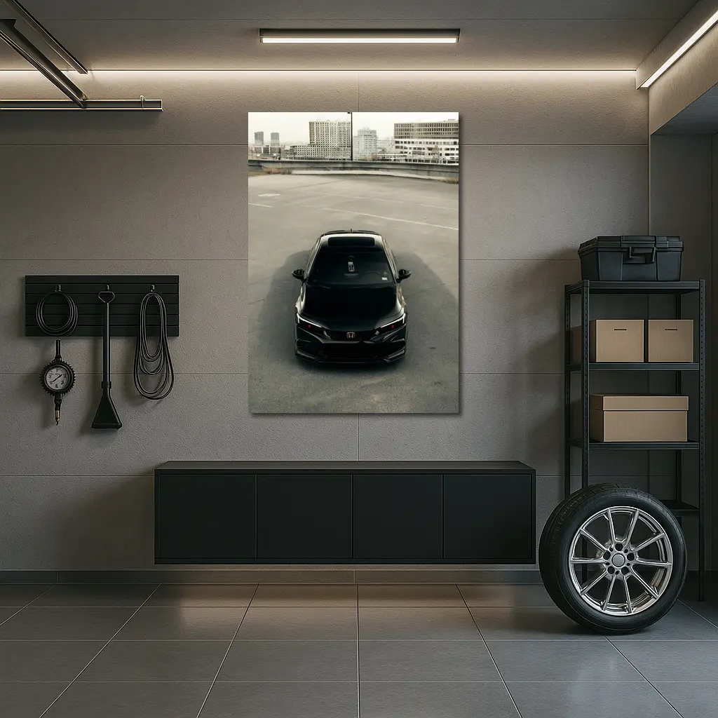 Black Honda Civic Rooftop Parking Urban Setting – Wall Art