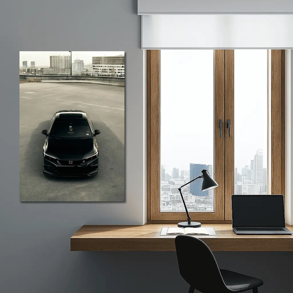 Black Honda Civic Rooftop Parking Urban Setting – Wall Art