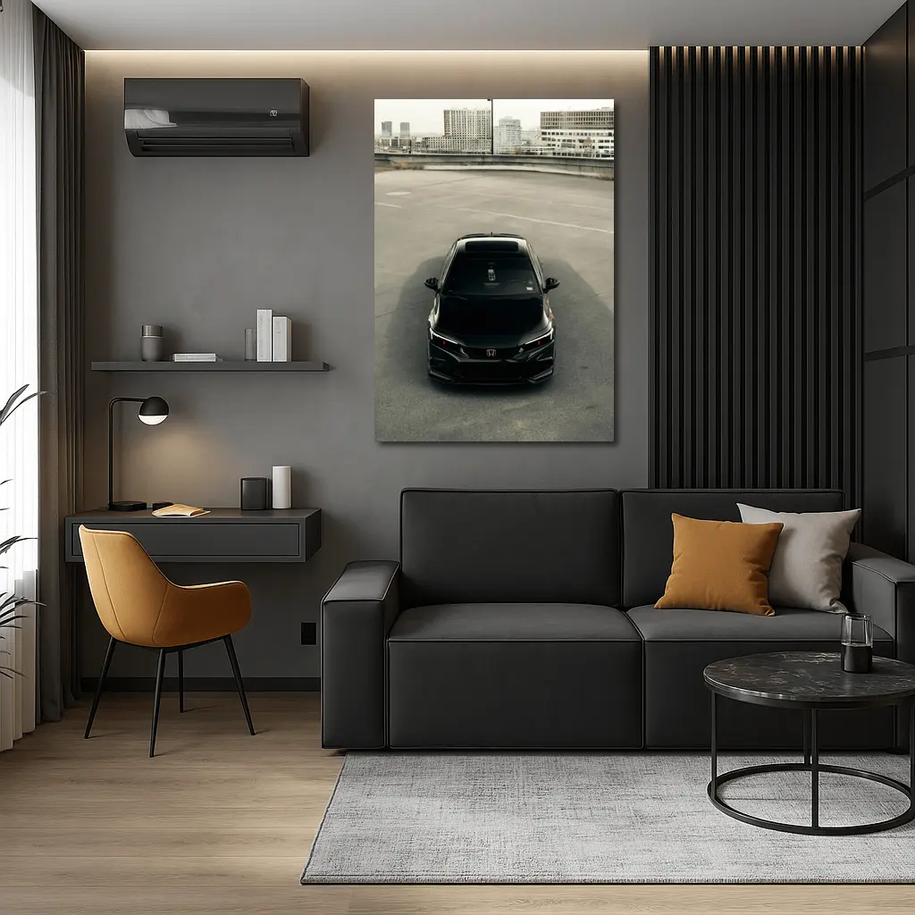 Black Honda Civic Rooftop Parking Urban Setting – Wall Art