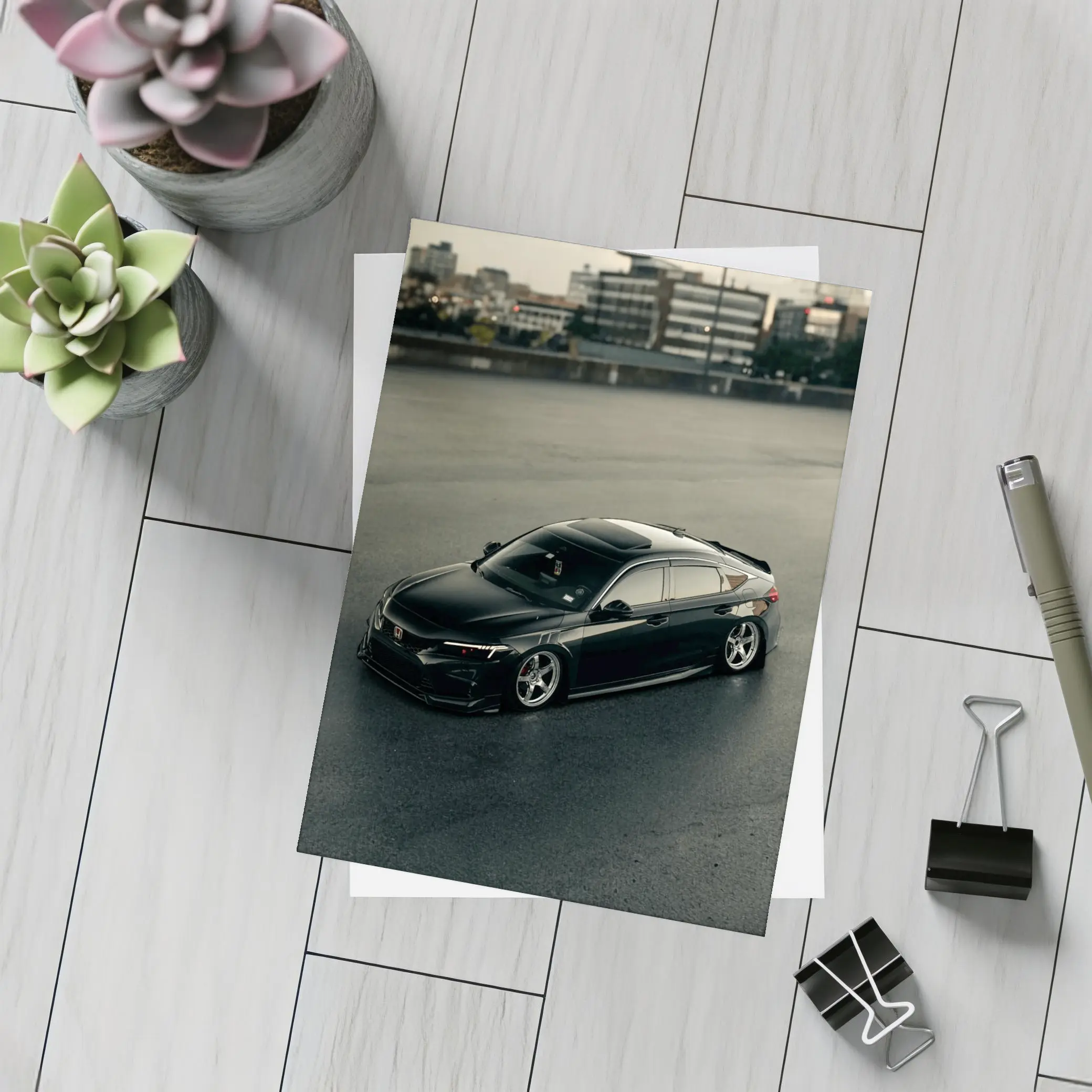 Black Honda Civic Stance Build Urban Rooftop – Postcards