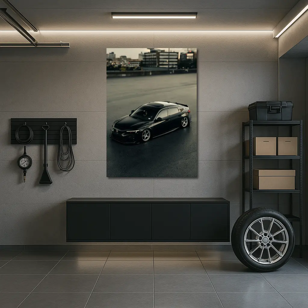 Black Honda Civic Stance Build Urban Rooftop – Wall Art