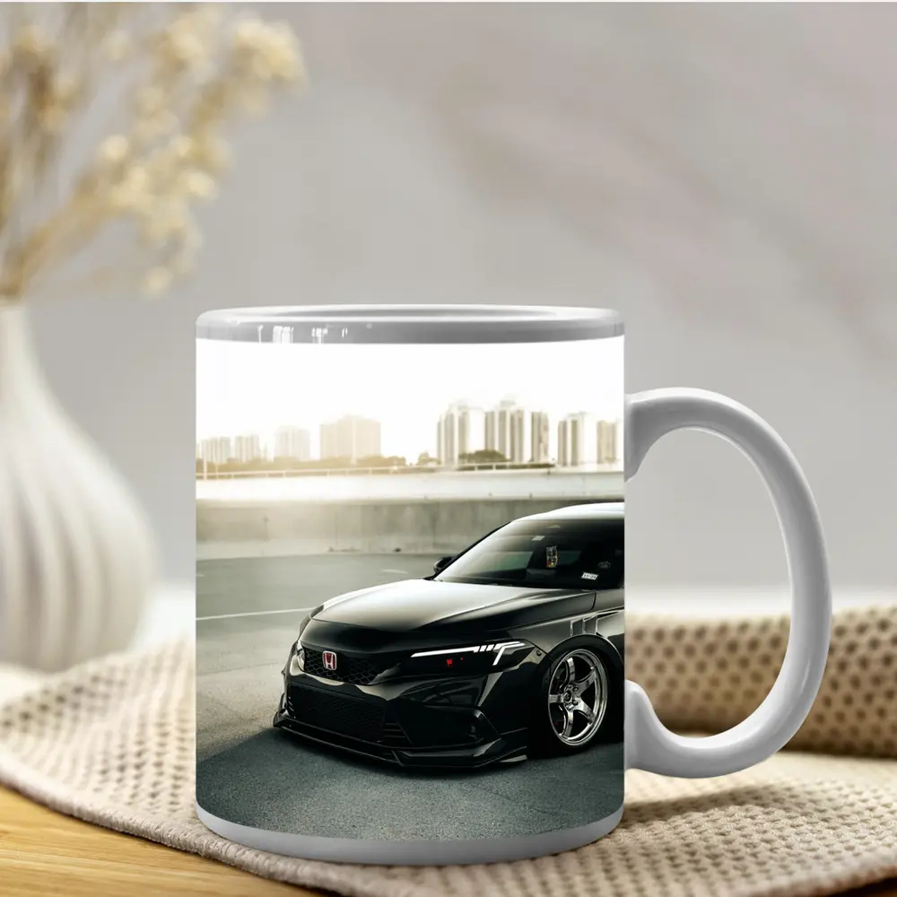 Honda Civic Slammed Black Urban City Background – Mugs
