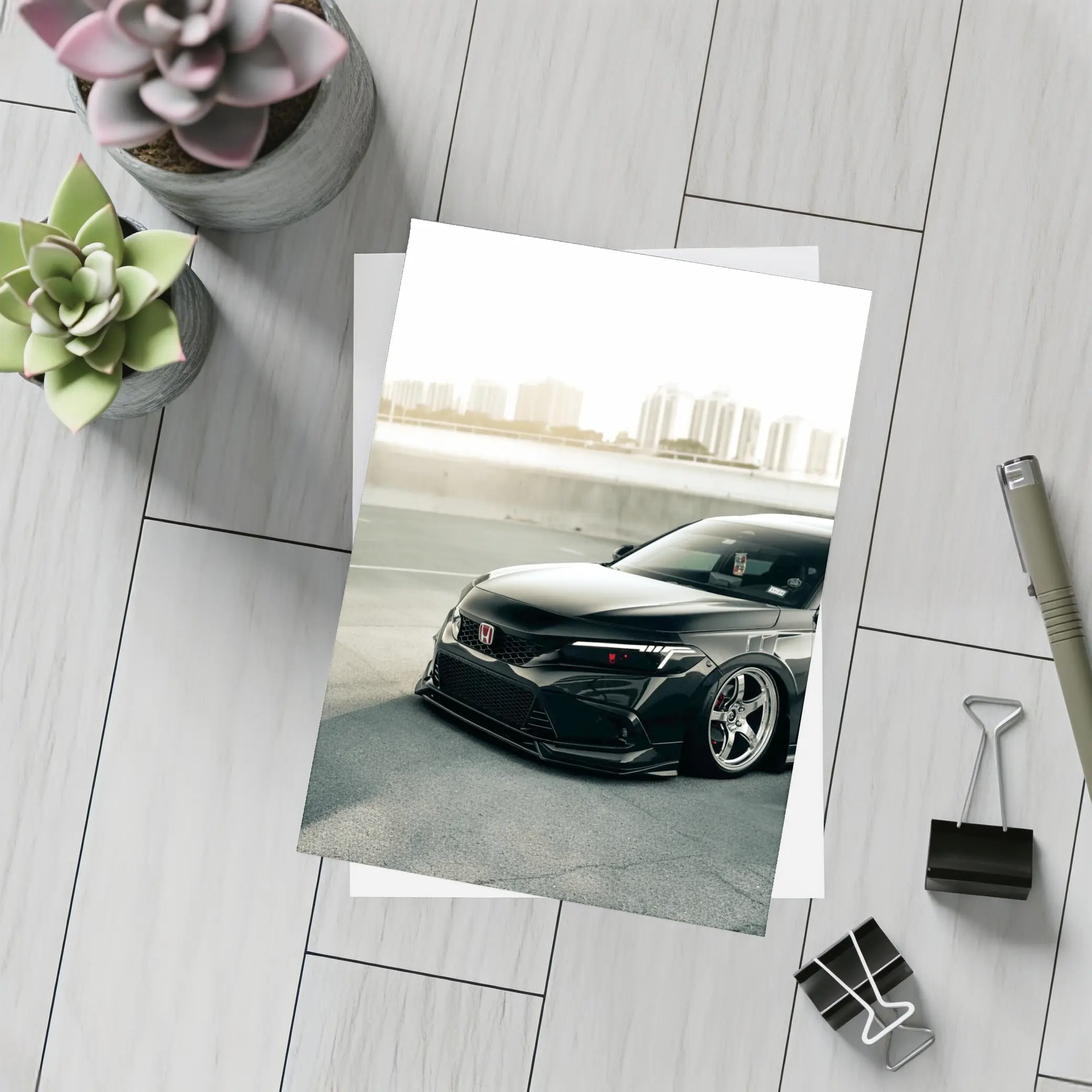 Honda Civic Slammed Black Urban City Background – Postcards