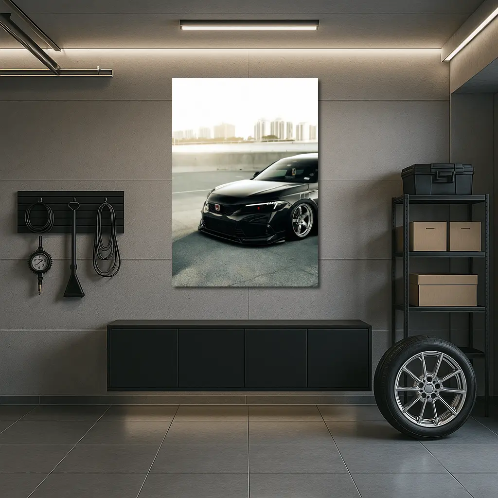 Honda Civic Slammed Black Urban City Background – Wall Art
