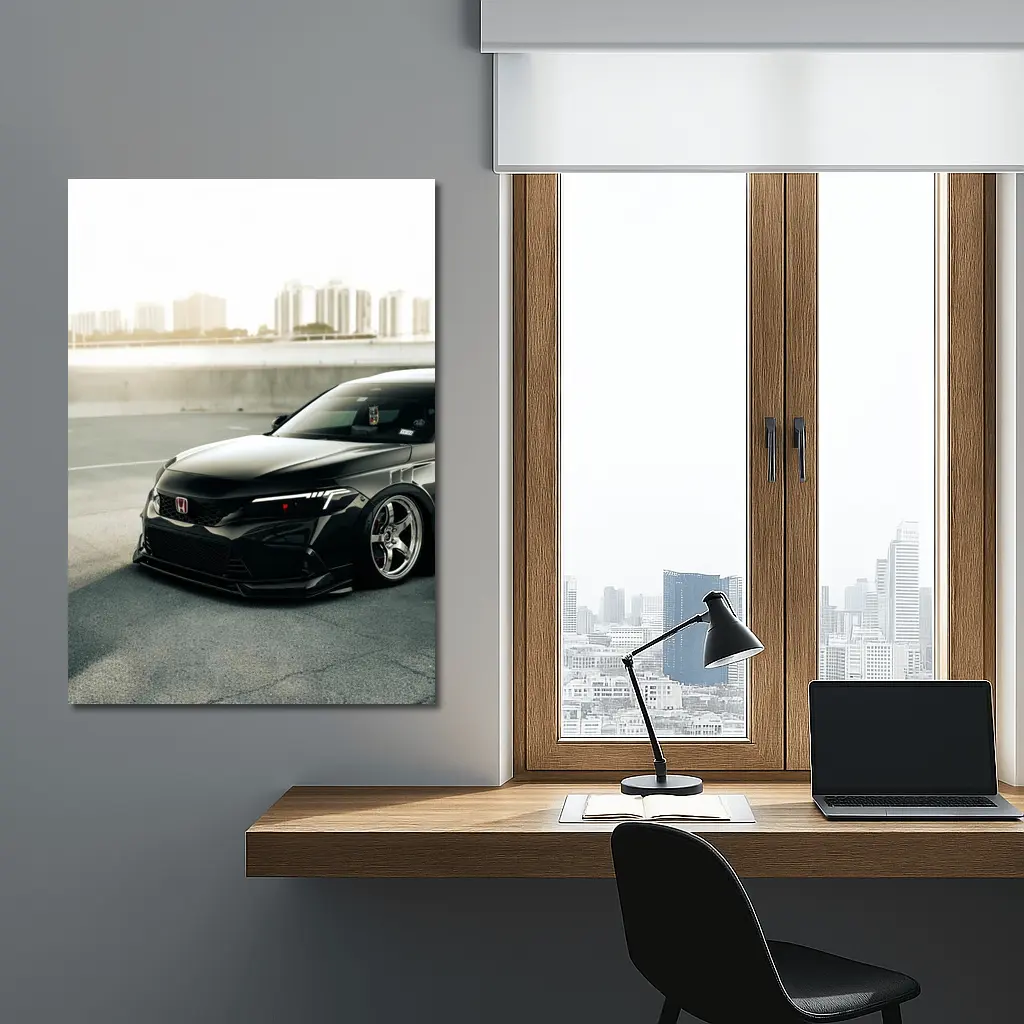 Honda Civic Slammed Black Urban City Background – Wall Art